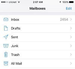 Screenshot of iPhone mailboxes screen